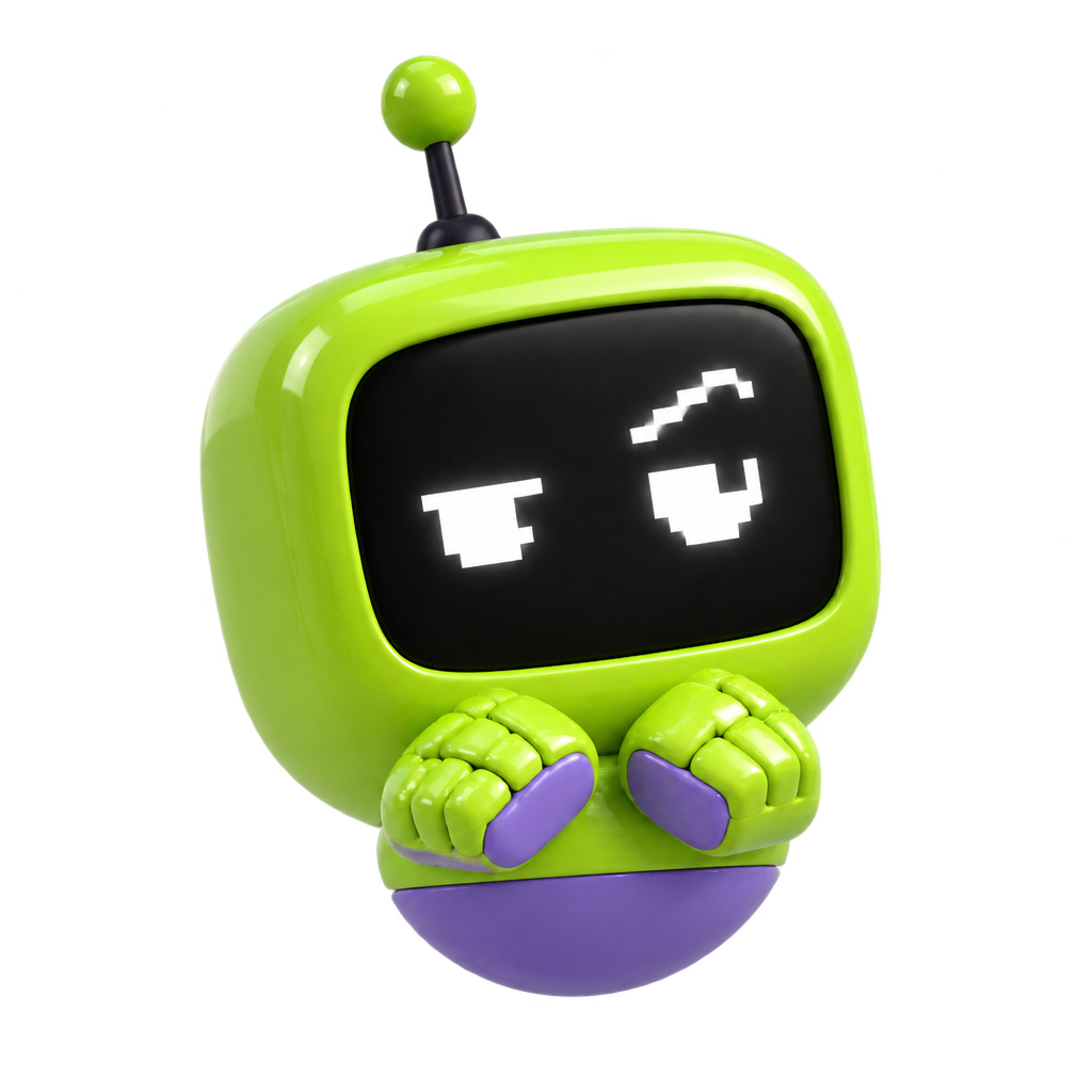 The Sidekick, the original glossy lime clay AI assistant with a violet underside and pixel face