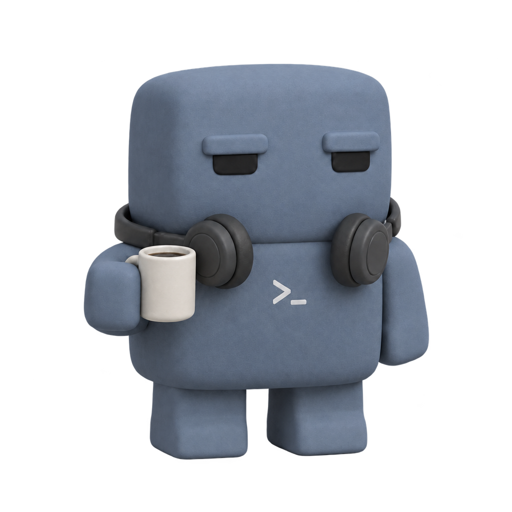 Dev, the original slate-blue clay senior developer with headphones and coffee